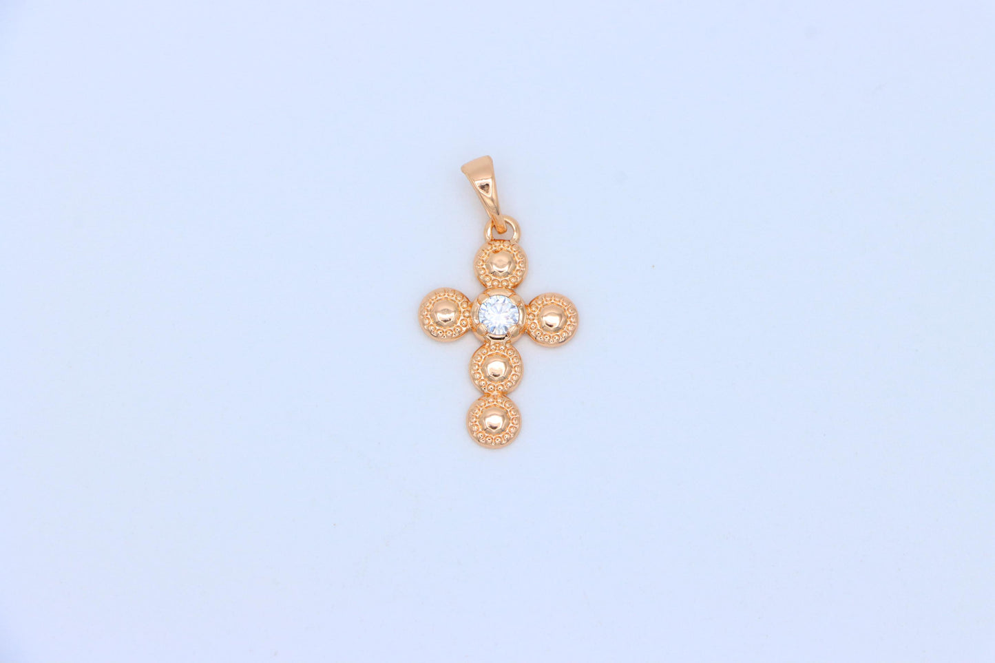 Rose Gold Cross Pendant with Textured Beads and Center Crystal Stone, XPPT1606 (2147-9)