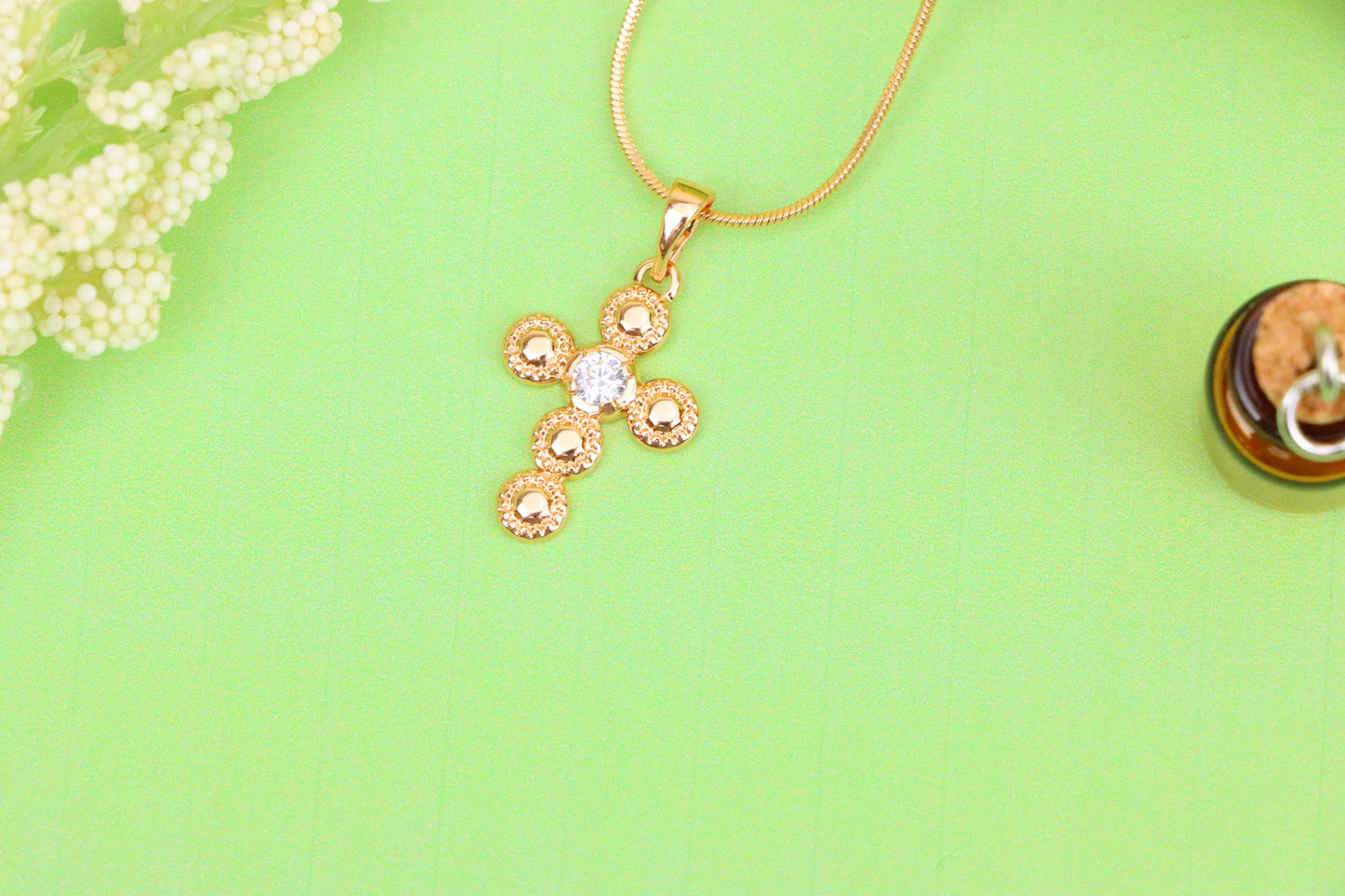 Rose Gold Cross Pendant with Textured Beads and Center Crystal Stone, XPPT1606 (2147-9)