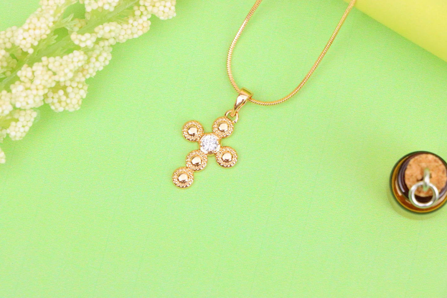 Rose Gold Cross Pendant with Textured Beads and Center Crystal Stone, XPPT1606 (2147-9)