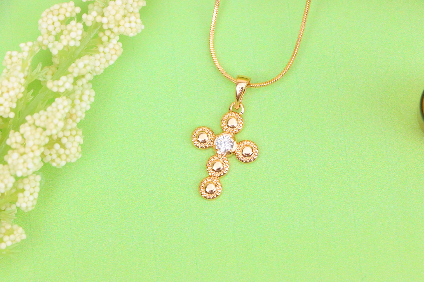 Rose Gold Cross Pendant with Textured Beads and Center Crystal Stone, XPPT1606 (2147-9)