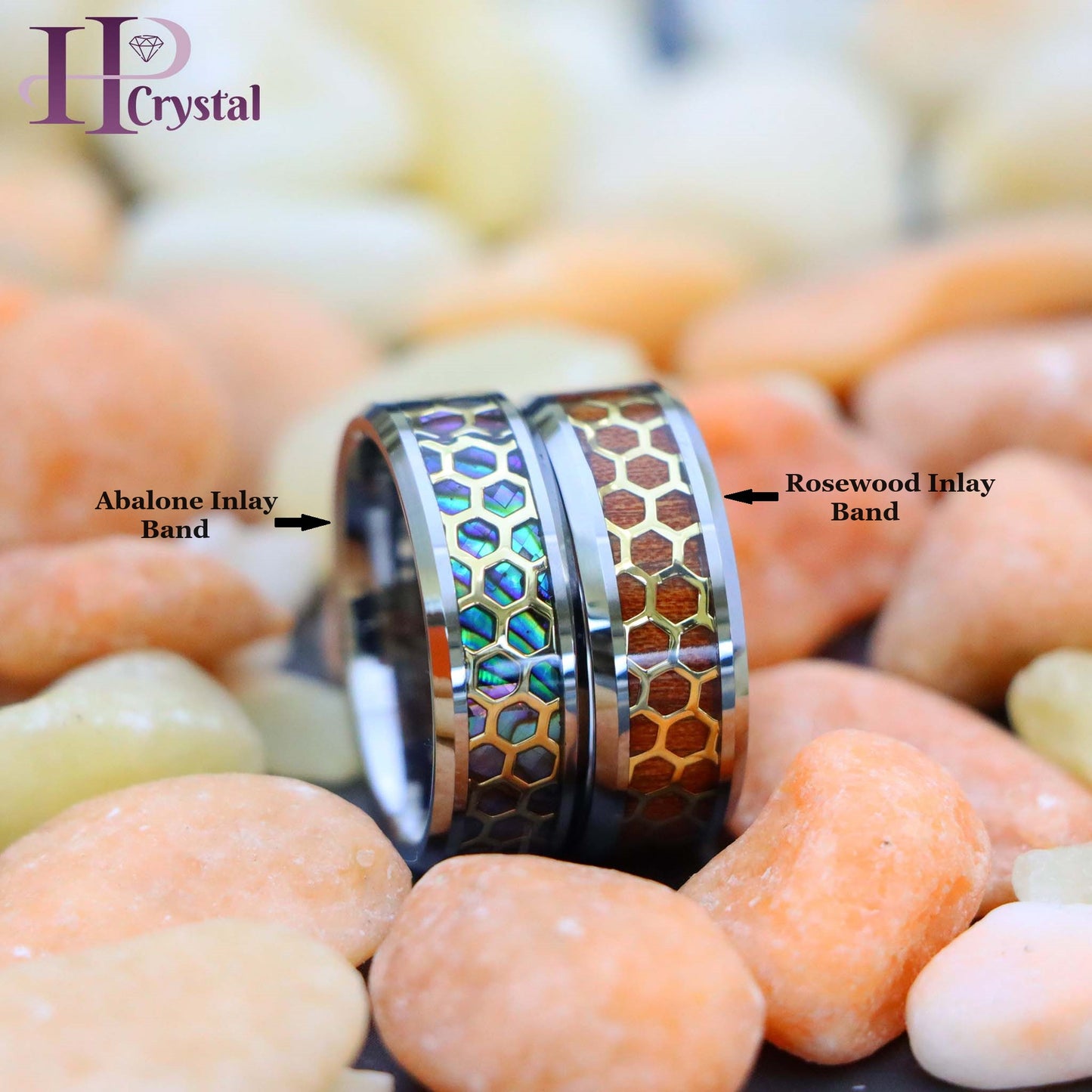 Honeycomb Cut-out over Abalone/Rosewood Inlay Beveled Edge Tungsten Ring