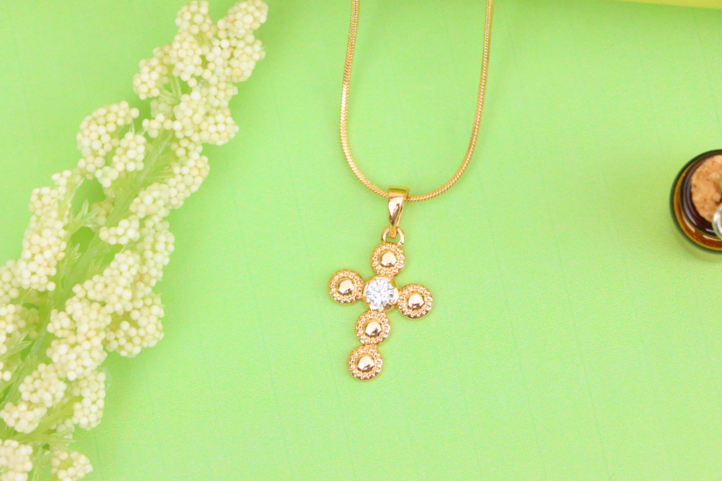 Rose Gold Cross Pendant with Textured Beads and Center Crystal Stone, XPPT1606 (2147-9)