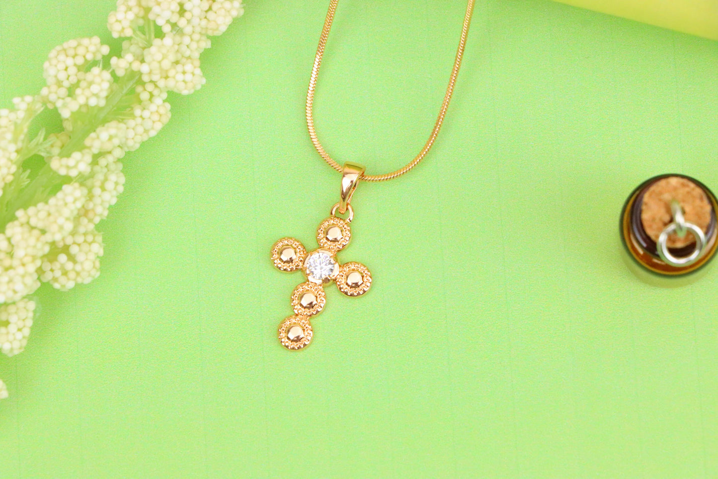 Rose Gold Cross Pendant with Textured Beads and Center Crystal Stone, XPPT1606 (2147-9)
