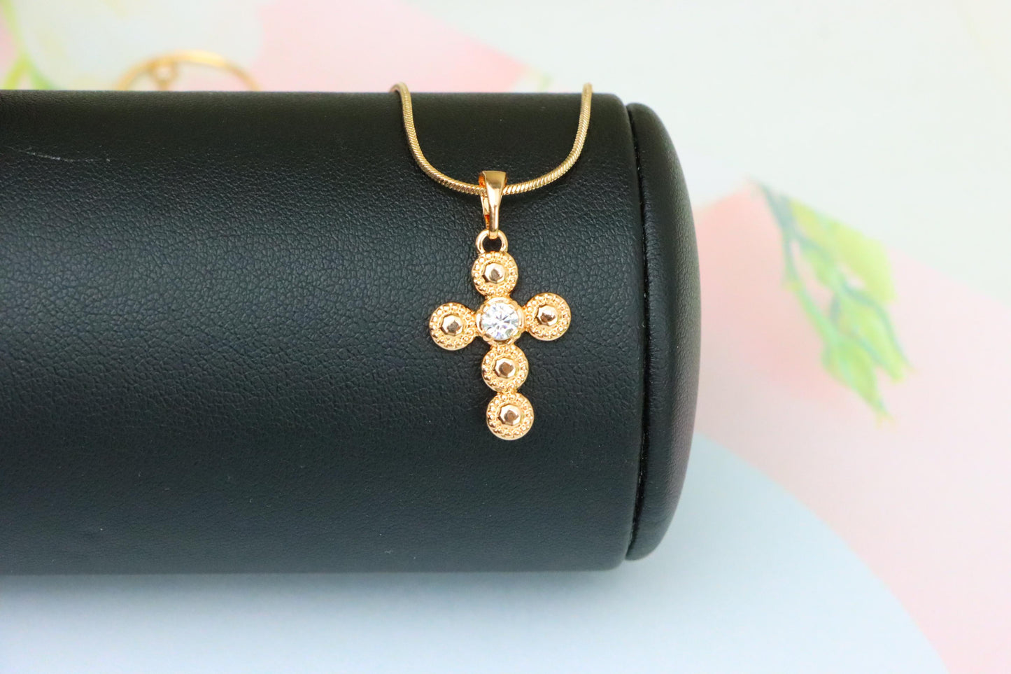 Rose Gold Cross Pendant with Textured Beads and Center Crystal Stone, XPPT1606 (2147-9)