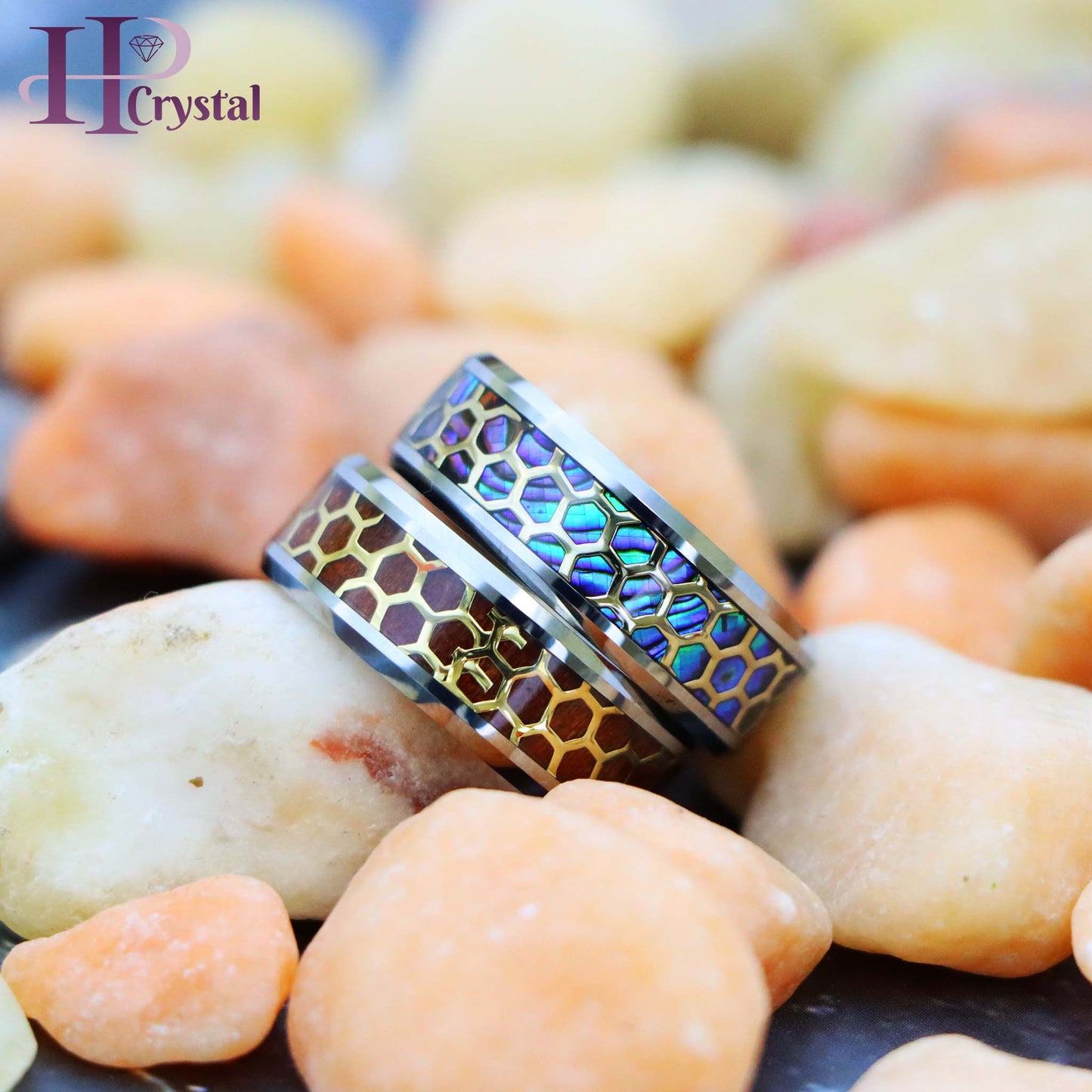 Honeycomb Cut-out over Abalone/Rosewood Inlay Beveled Edge Tungsten Ring