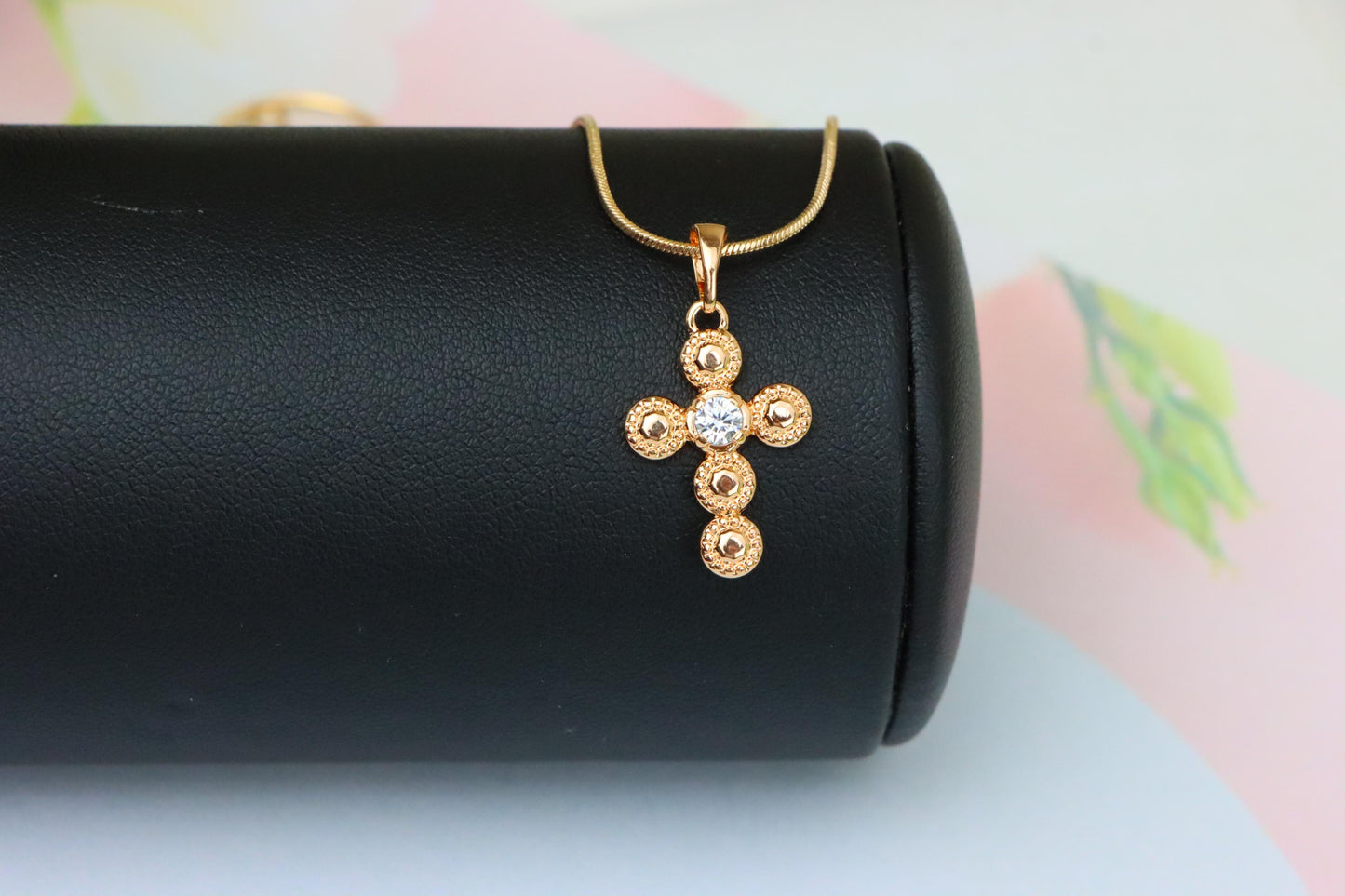 Rose Gold Cross Pendant with Textured Beads and Center Crystal Stone, XPPT1606 (2147-9)