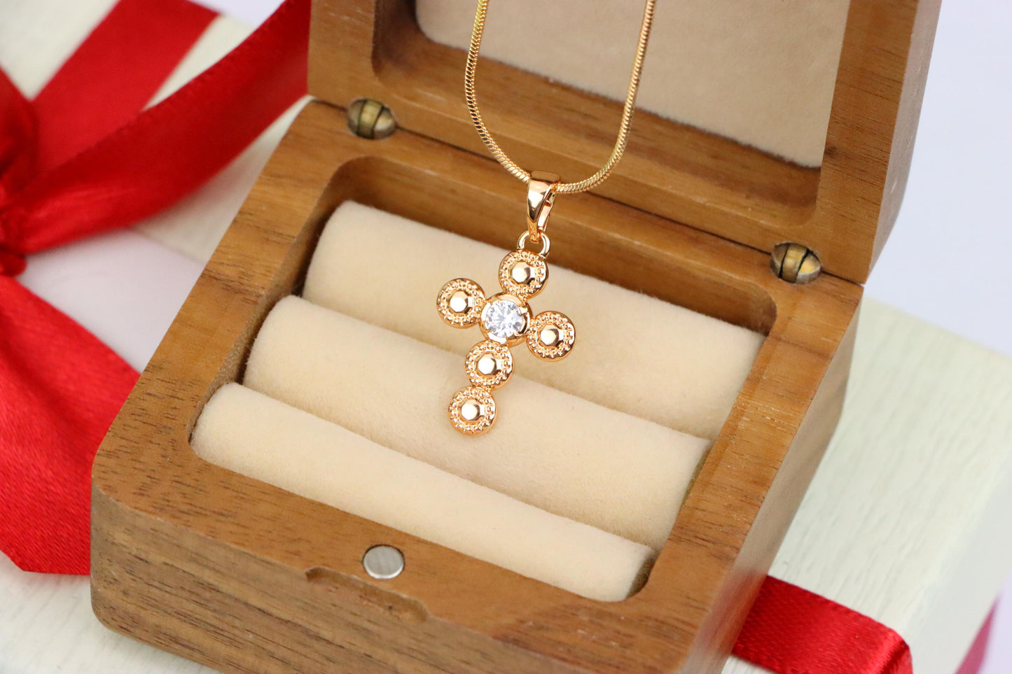 Rose Gold Cross Pendant with Textured Beads and Center Crystal Stone, XPPT1606 (2147-9)