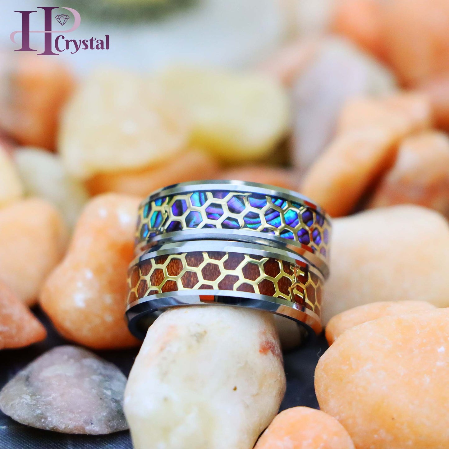 Honeycomb Cut-out over Abalone/Rosewood Inlay Beveled Edge Tungsten Ring