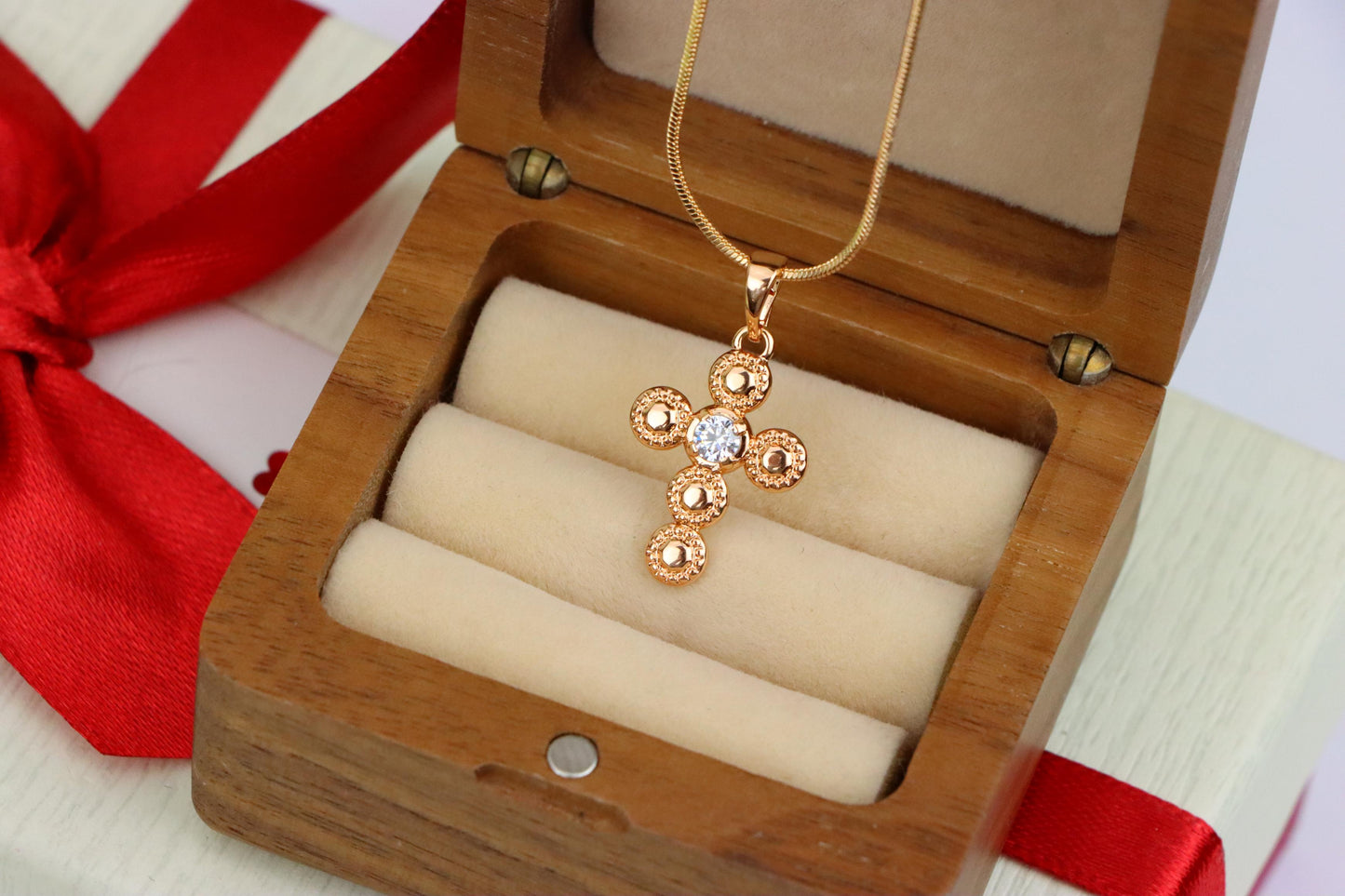 Rose Gold Cross Pendant with Textured Beads and Center Crystal Stone, XPPT1606 (2147-9)