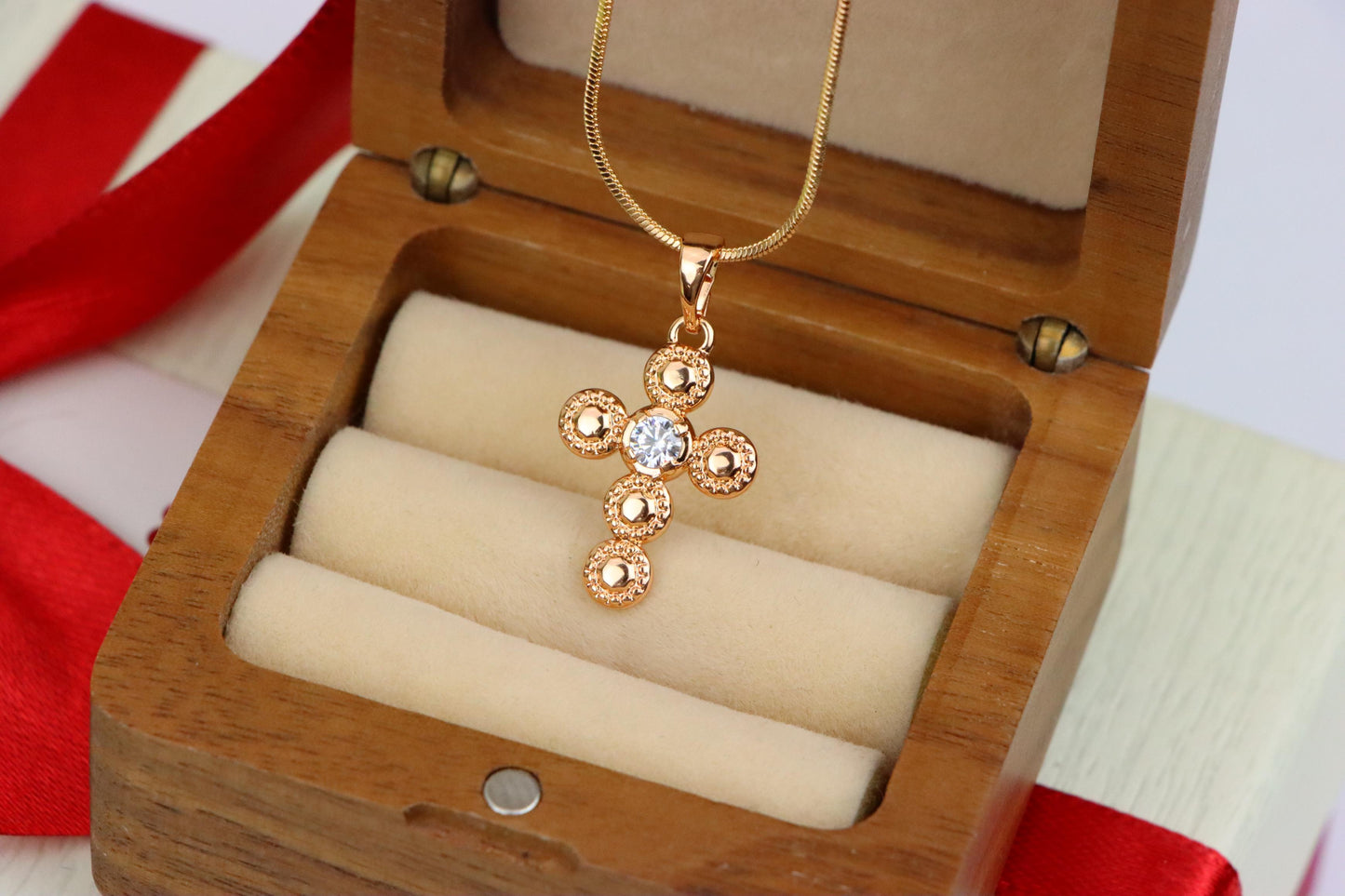 Rose Gold Cross Pendant with Textured Beads and Center Crystal Stone, XPPT1606 (2147-9)