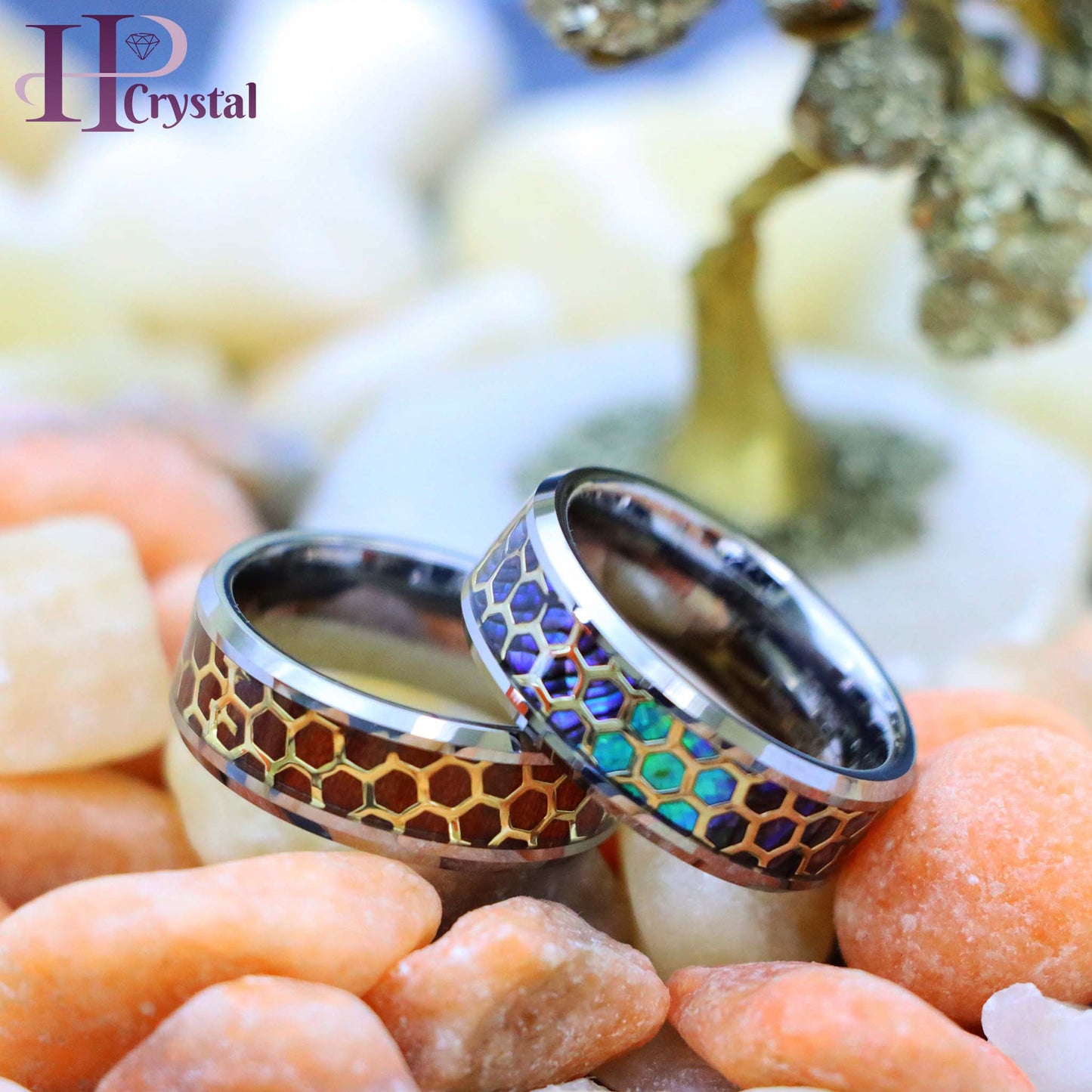 Honeycomb Cut-out over Abalone/Rosewood Inlay Beveled Edge Tungsten Ring