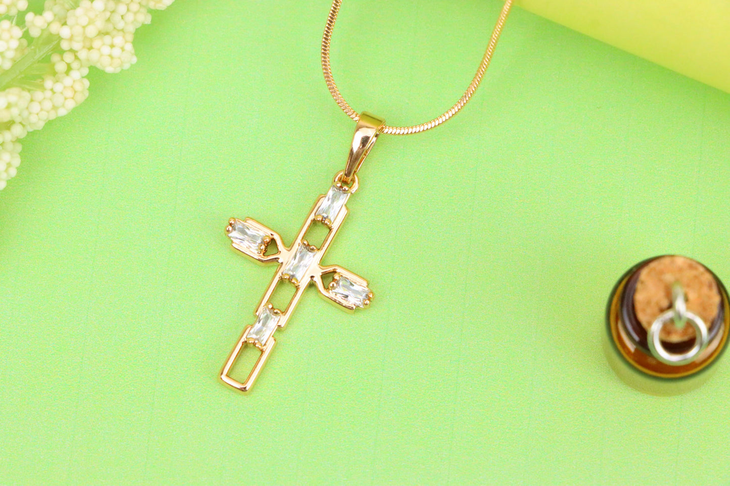 Rose Gold Cross Pendant with Baguette-Cut White Stones Design, XPPT1607 (2147-10)