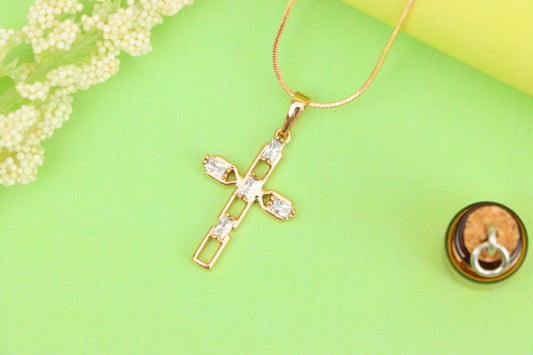 Rose Gold Cross Pendant with Baguette-Cut White Stones Design, XPPT1607 (2147-10)