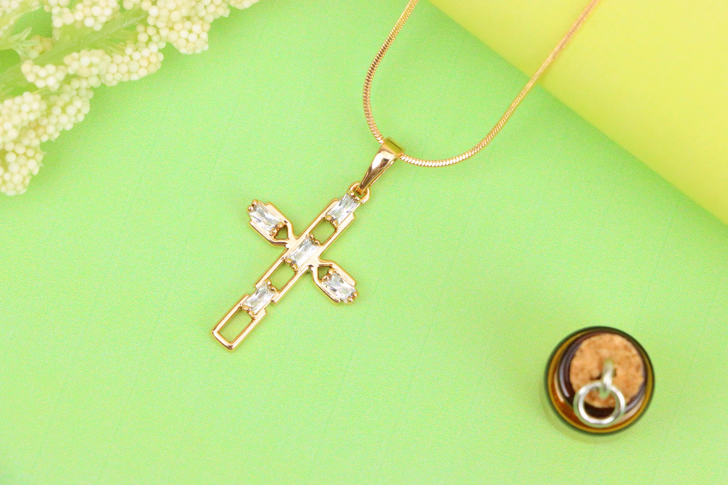 Rose Gold Cross Pendant with Baguette-Cut White Stones Design, XPPT1607 (2147-10)