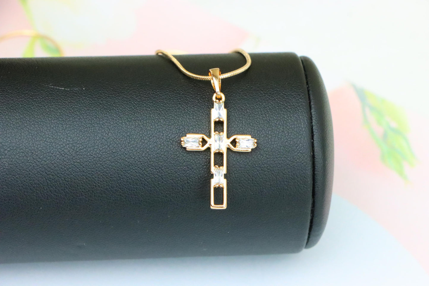 Rose Gold Cross Pendant with Baguette-Cut White Stones Design, XPPT1607 (2147-10)