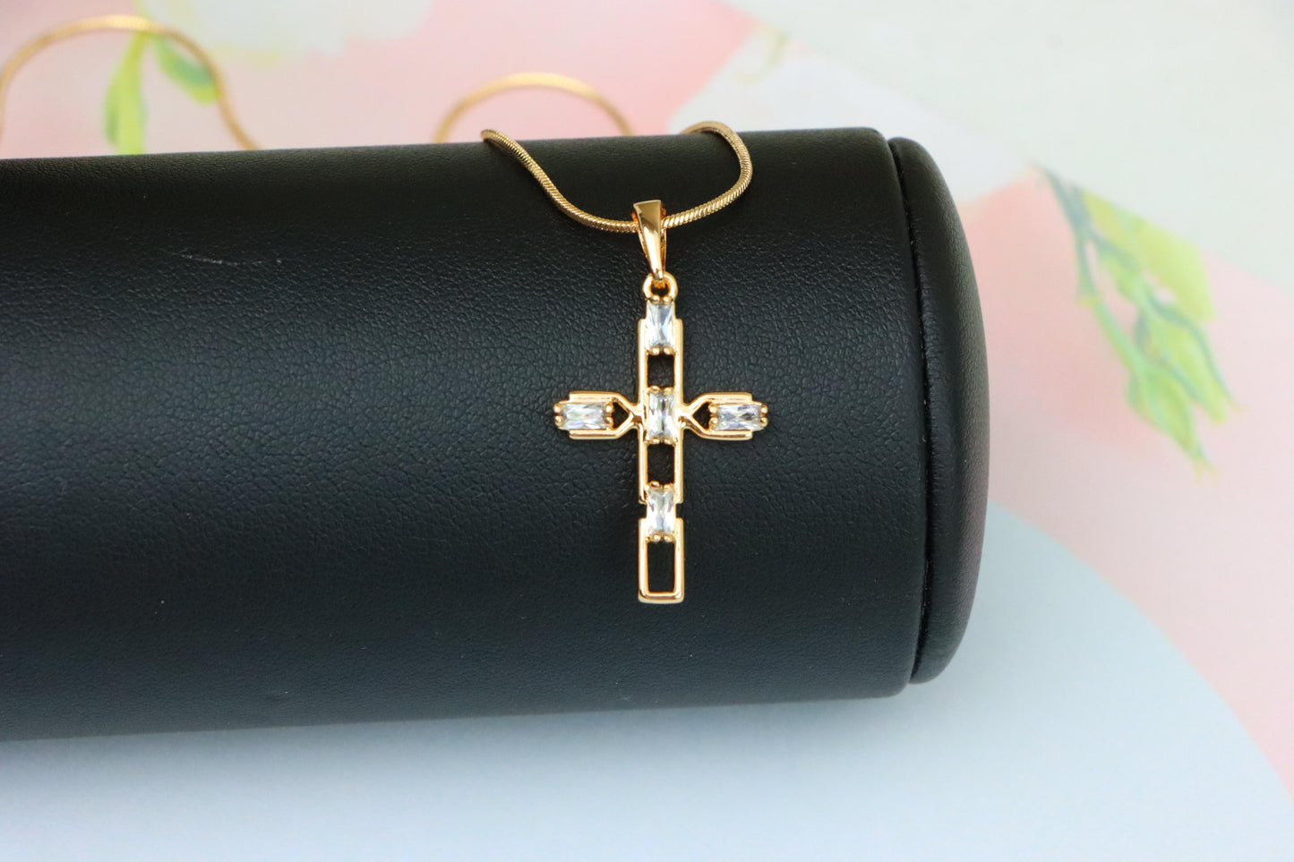 Rose Gold Cross Pendant with Baguette-Cut White Stones Design, XPPT1607 (2147-10)