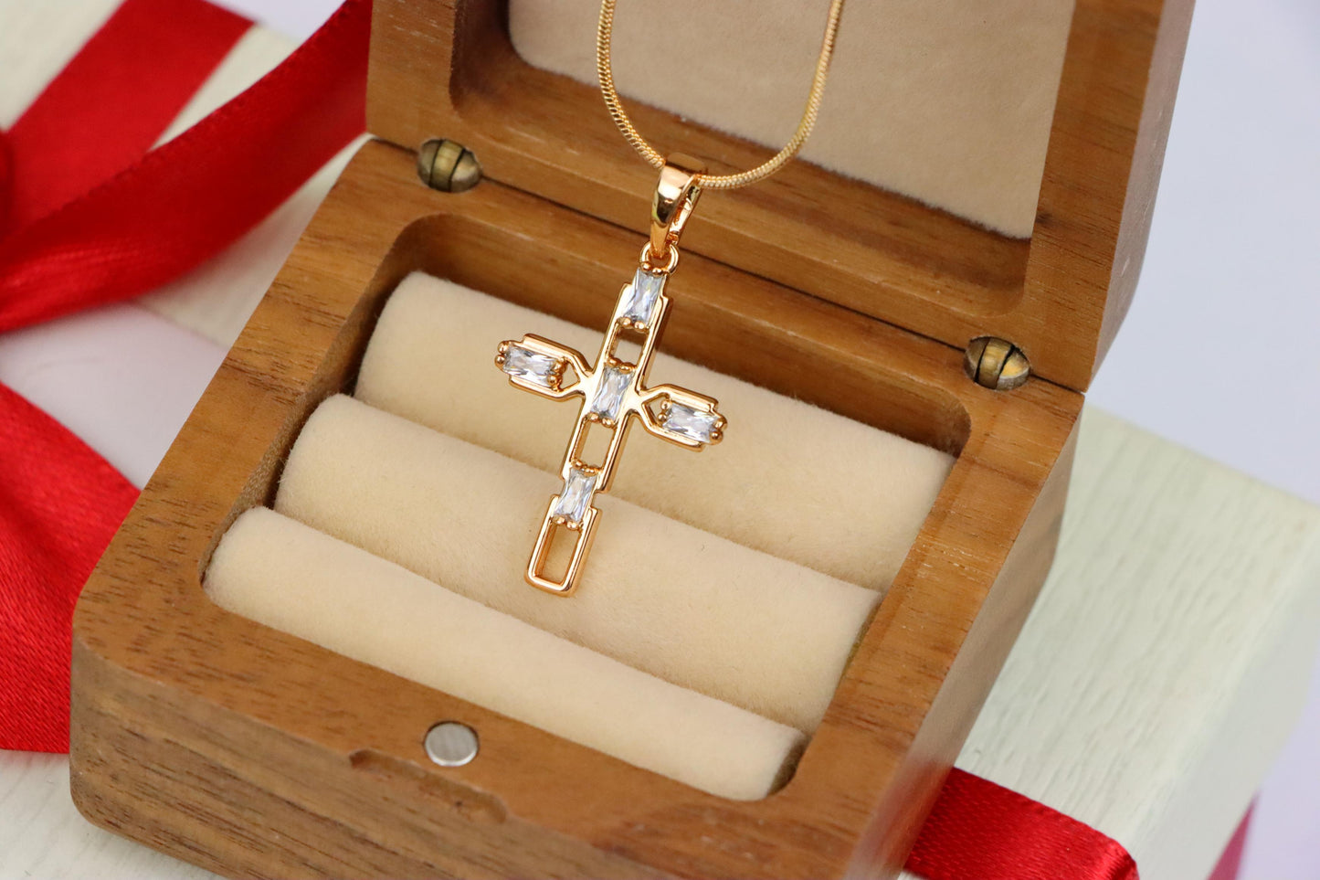 Rose Gold Cross Pendant with Baguette-Cut White Stones Design, XPPT1607 (2147-10)