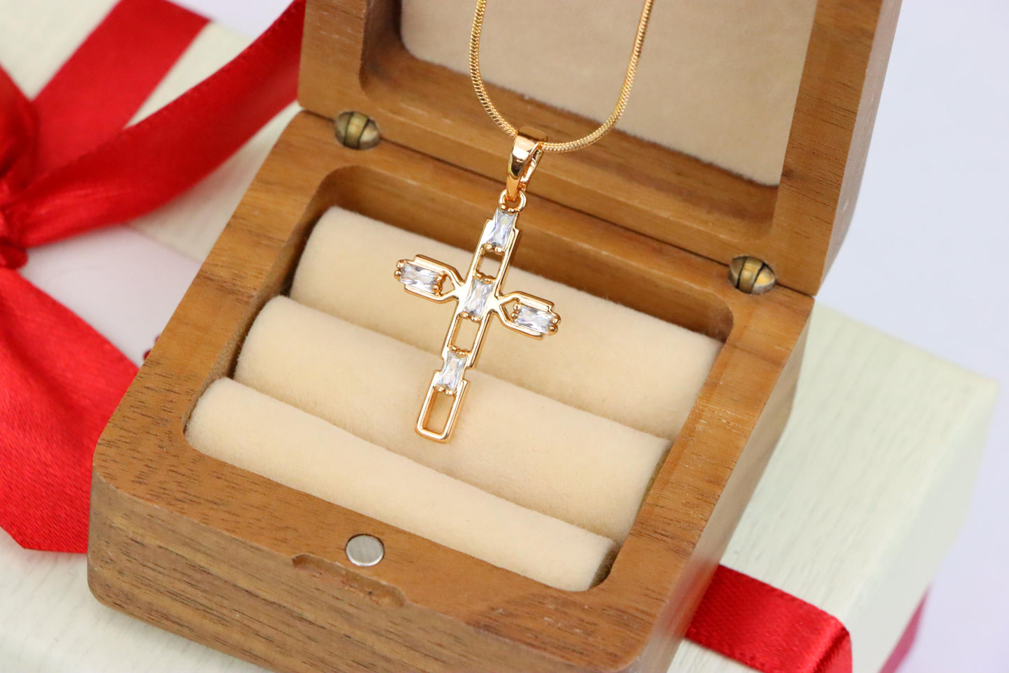 Rose Gold Cross Pendant with Baguette-Cut White Stones Design, XPPT1607 (2147-10)