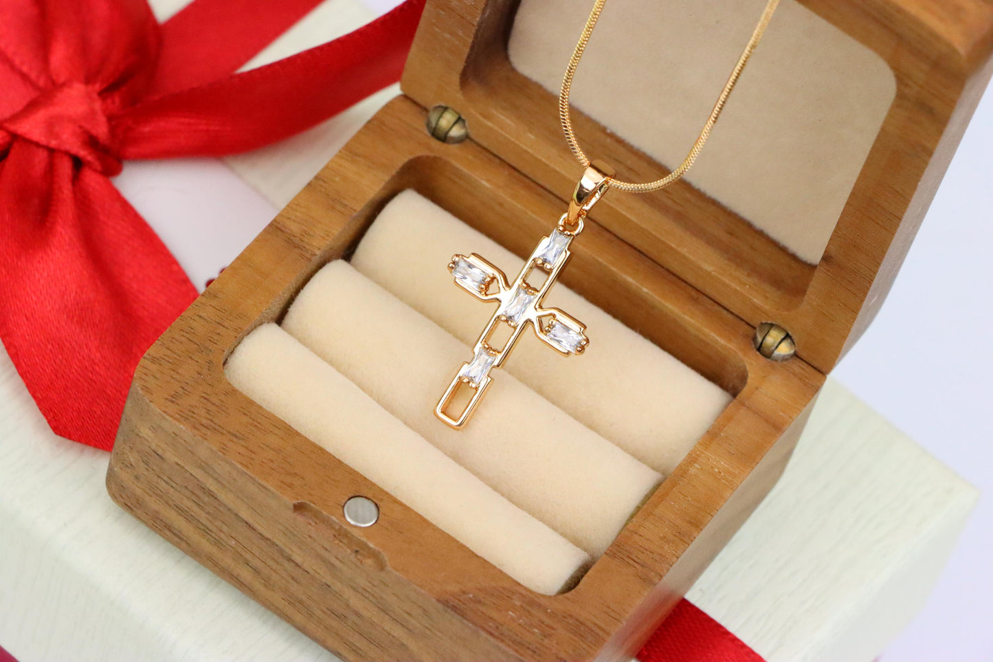 Rose Gold Cross Pendant with Baguette-Cut White Stones Design, XPPT1607 (2147-10)
