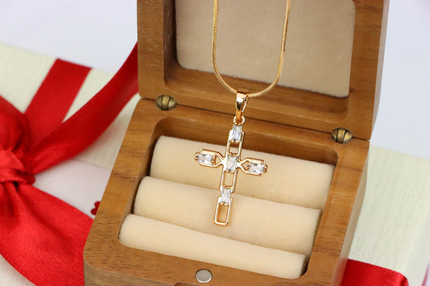 Rose Gold Cross Pendant with Baguette-Cut White Stones Design, XPPT1607 (2147-10)