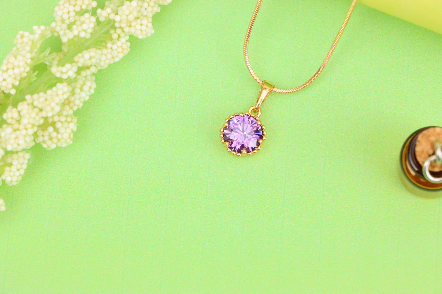 Rose Gold Pendant with Round Purple Stone and Beaded Frame Accent, XPPT1608 (2148-1)