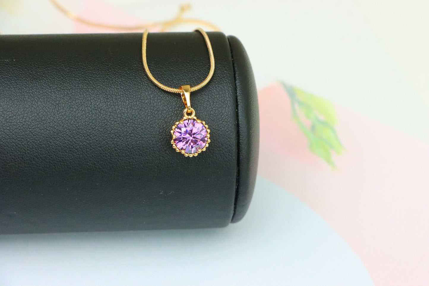 Rose Gold Pendant with Round Purple Stone and Beaded Frame Accent, XPPT1608 (2148-1)