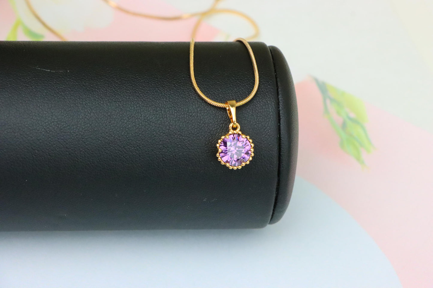 Rose Gold Pendant with Round Purple Stone and Beaded Frame Accent, XPPT1608 (2148-1)
