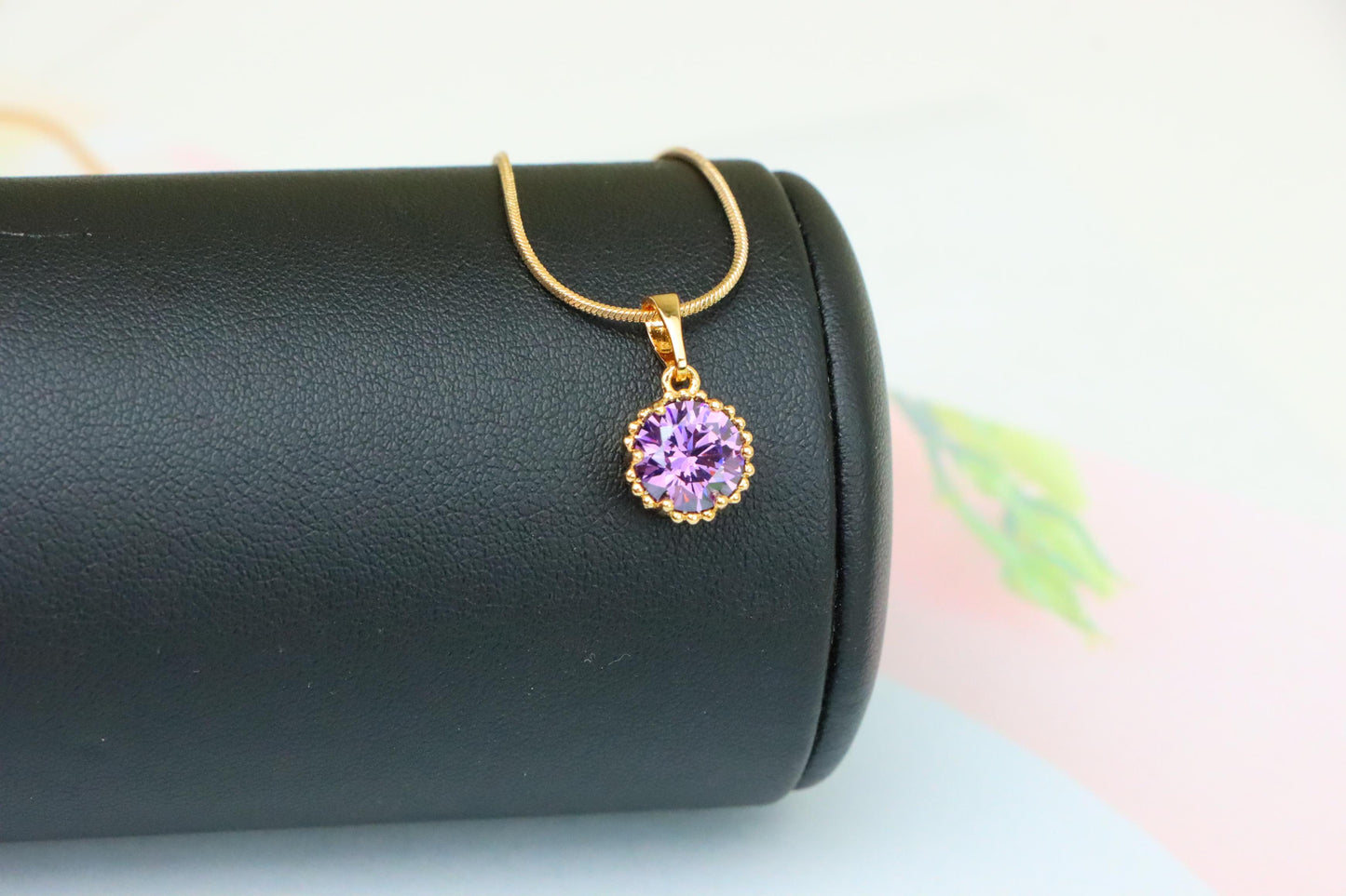 Rose Gold Pendant with Round Purple Stone and Beaded Frame Accent, XPPT1608 (2148-1)