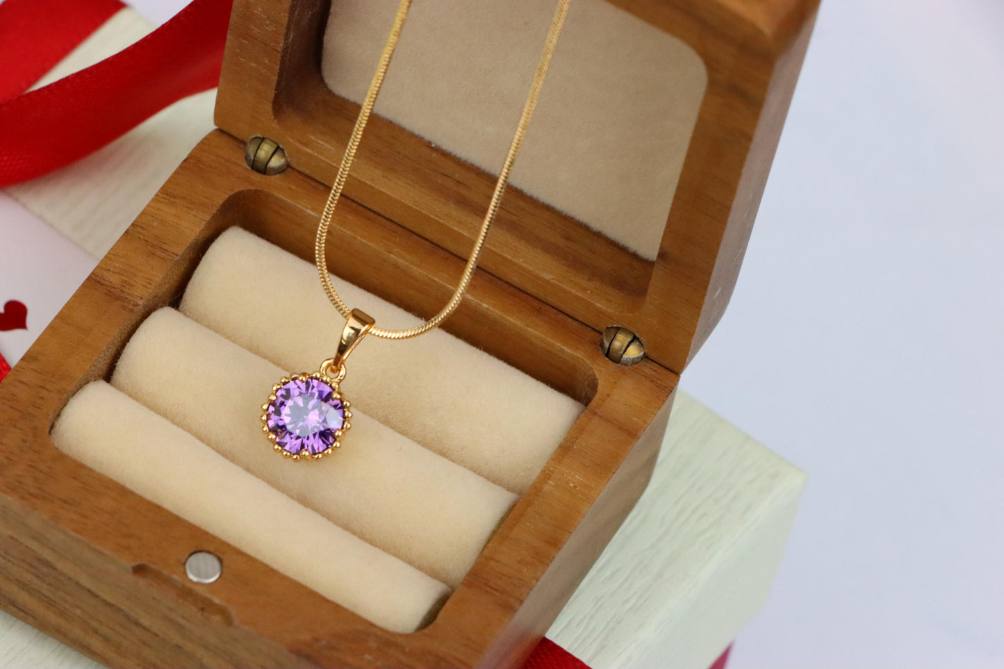 Rose Gold Pendant with Round Purple Stone and Beaded Frame Accent, XPPT1608 (2148-1)