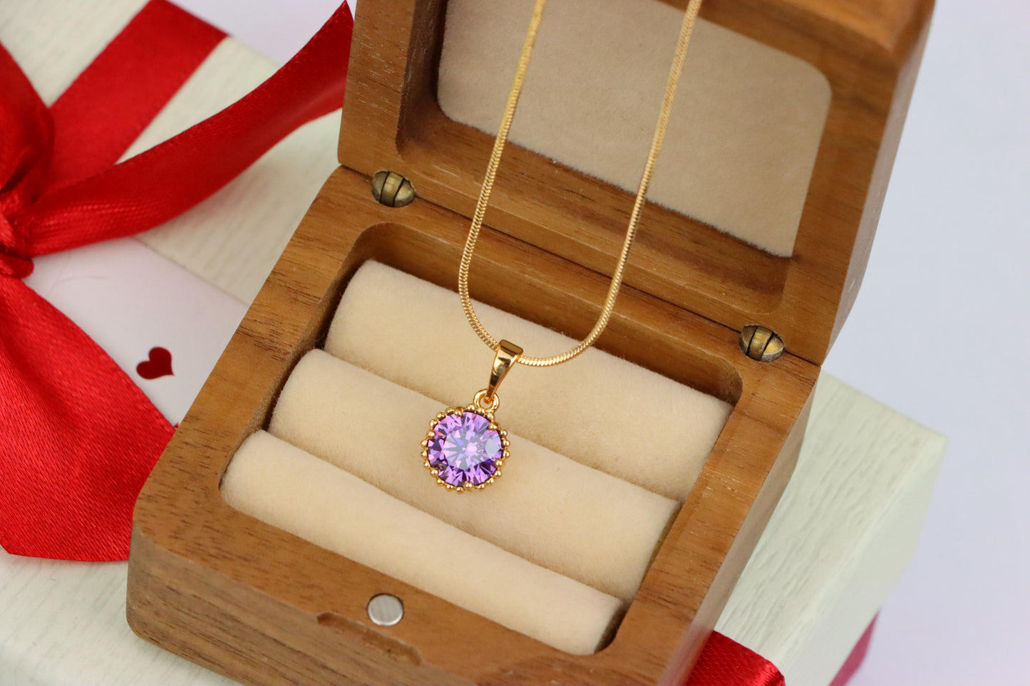 Rose Gold Pendant with Round Purple Stone and Beaded Frame Accent, XPPT1608 (2148-1)