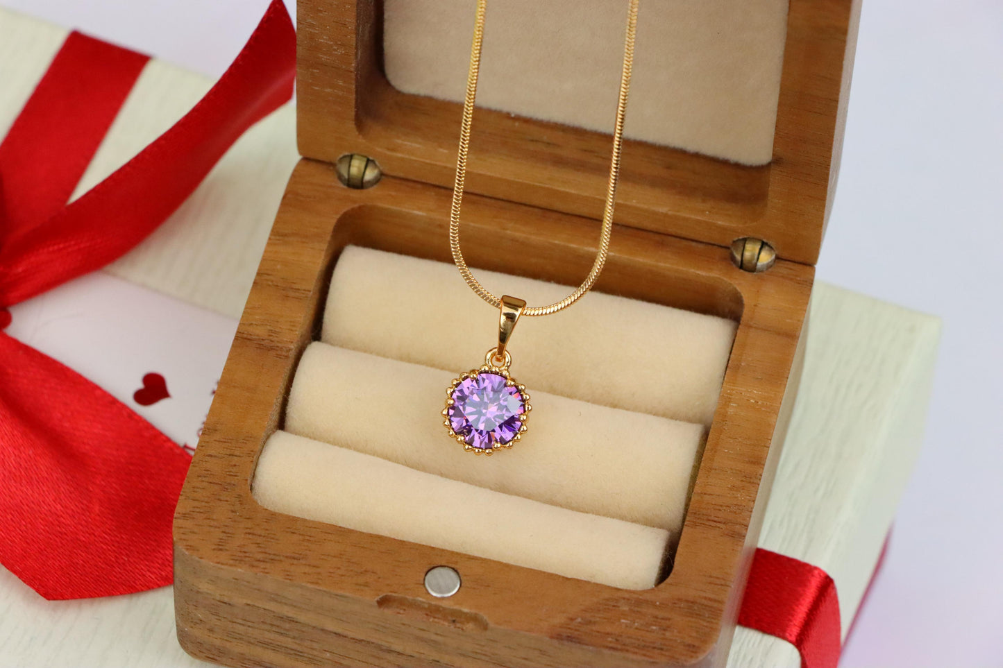 Rose Gold Pendant with Round Purple Stone and Beaded Frame Accent, XPPT1608 (2148-1)