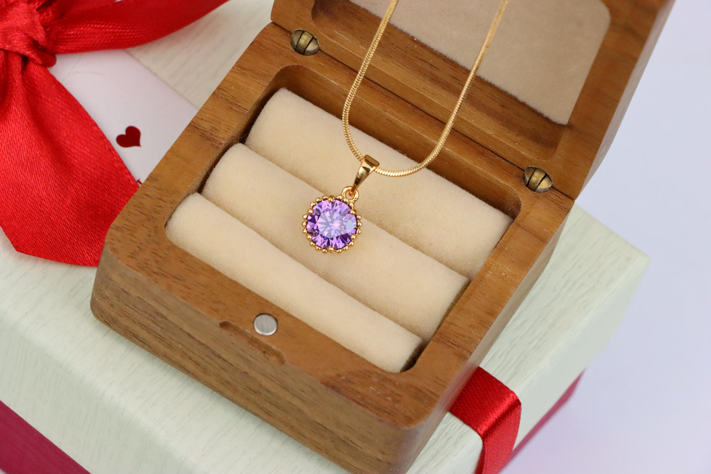 Rose Gold Pendant with Round Purple Stone and Beaded Frame Accent, XPPT1608 (2148-1)