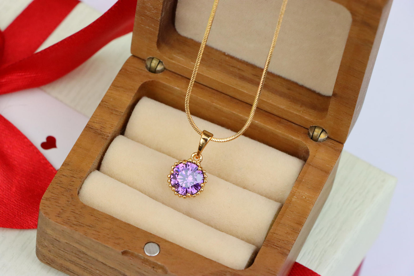 Rose Gold Pendant with Round Purple Stone and Beaded Frame Accent, XPPT1608 (2148-1)