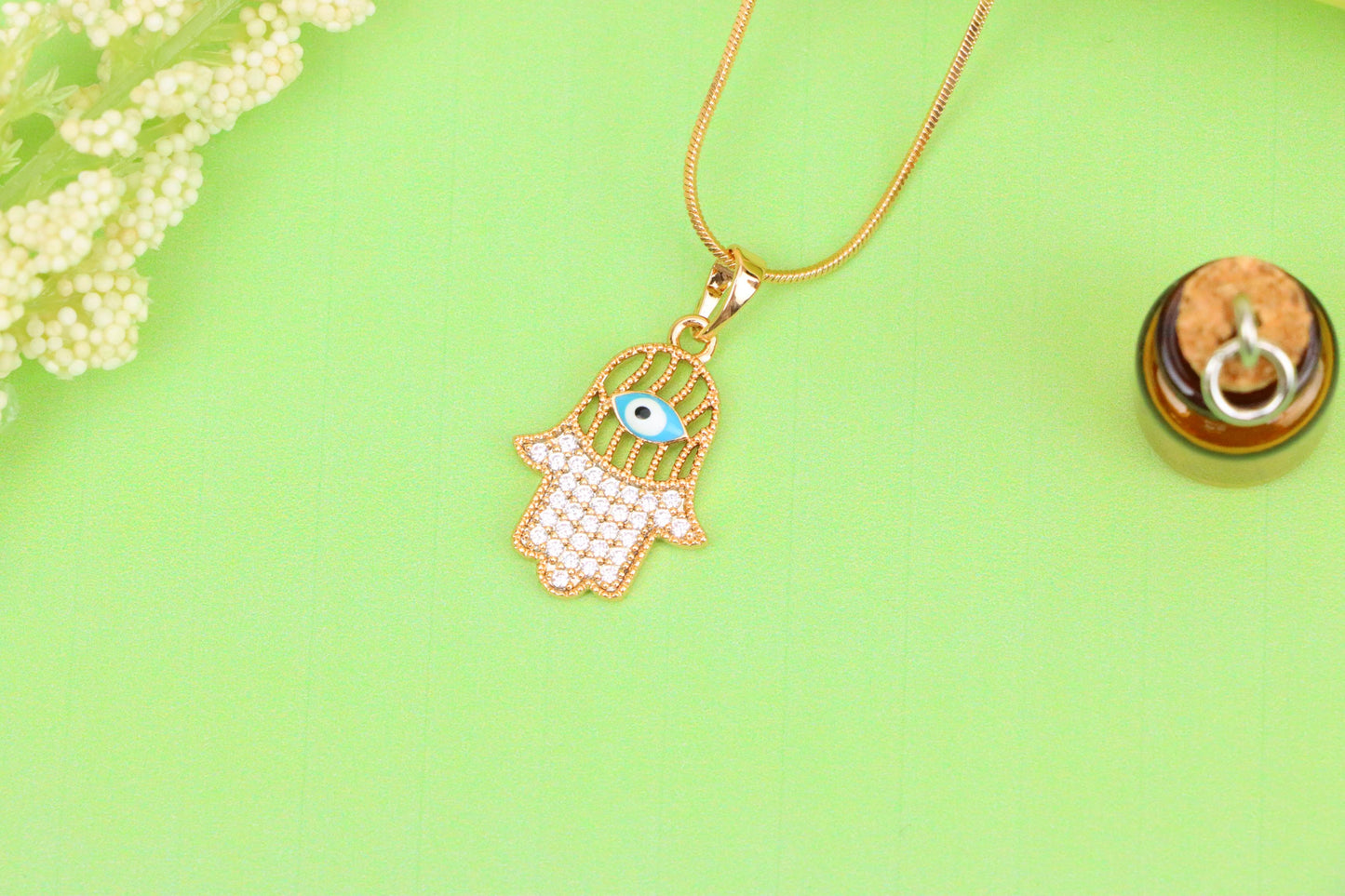 Rose Gold Hamsa Hand Pendant with Evil Eye and Crystal Accents, XPPT1609 (2148-2)