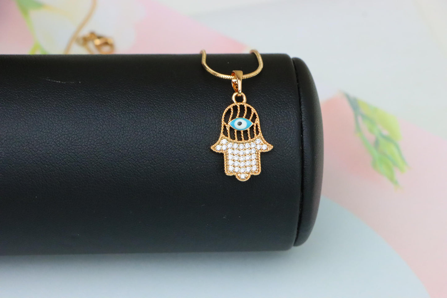 Rose Gold Hamsa Hand Pendant with Evil Eye and Crystal Accents, XPPT1609 (2148-2)