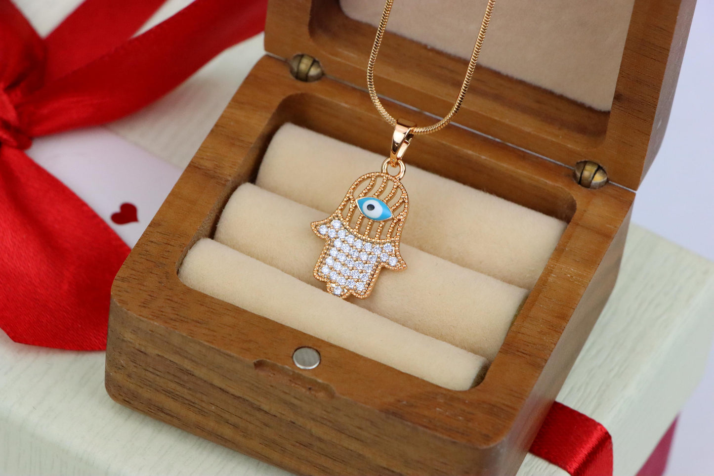 Rose Gold Hamsa Hand Pendant with Evil Eye and Crystal Accents, XPPT1609 (2148-2)