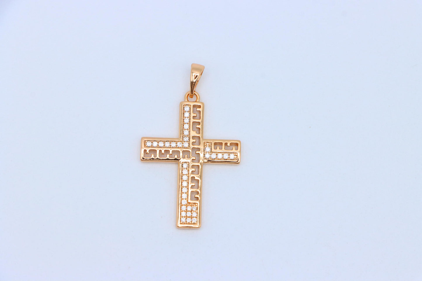Rose Gold Cross Pendant with Greek Key Design and Sparkling Stones, XPPT1610 (2148-3)