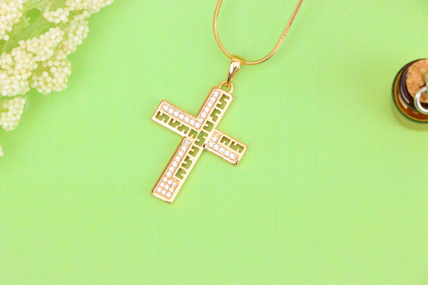 Rose Gold Cross Pendant with Greek Key Design and Sparkling Stones, XPPT1610 (2148-3)