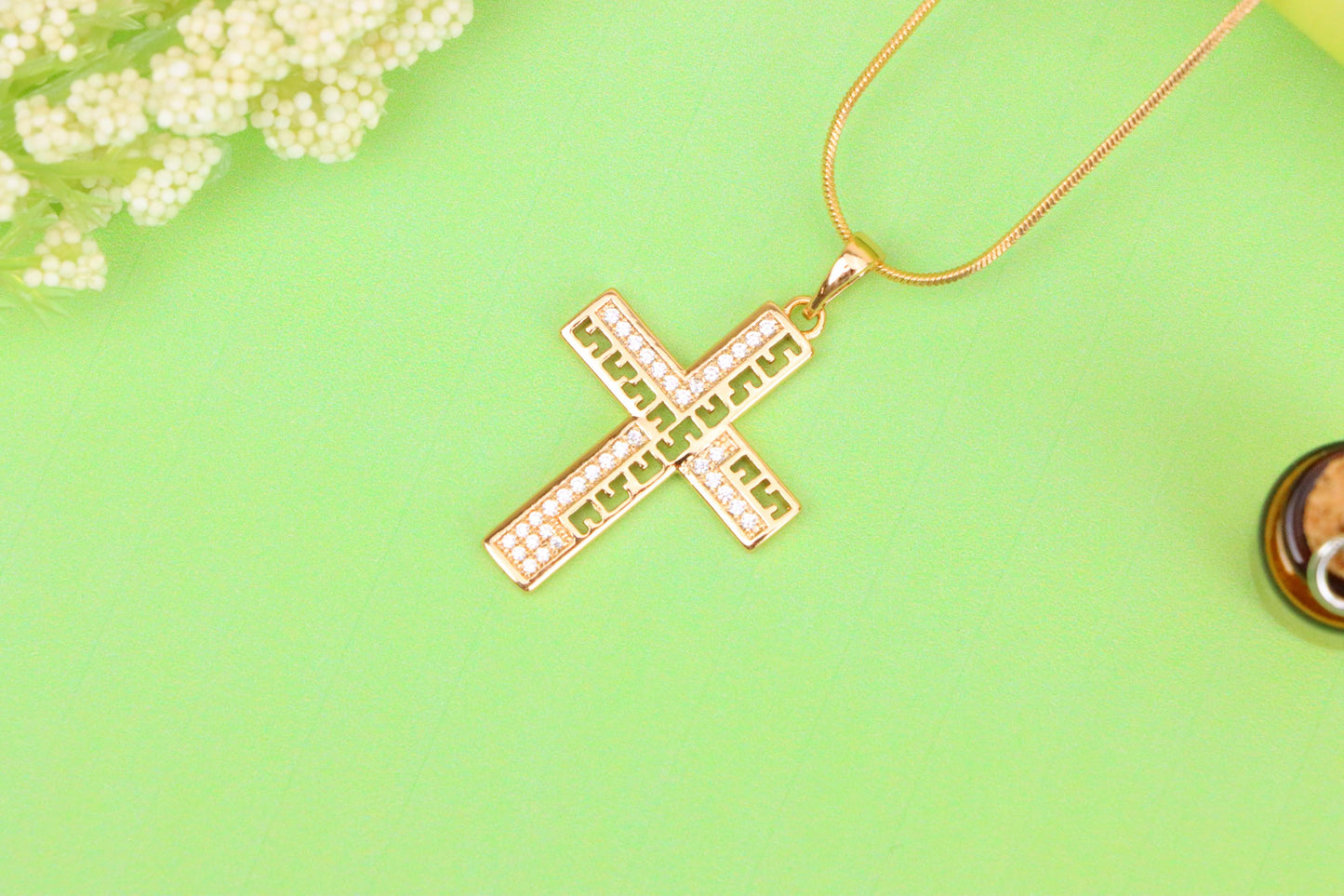 Rose Gold Cross Pendant with Greek Key Design and Sparkling Stones, XPPT1610 (2148-3)
