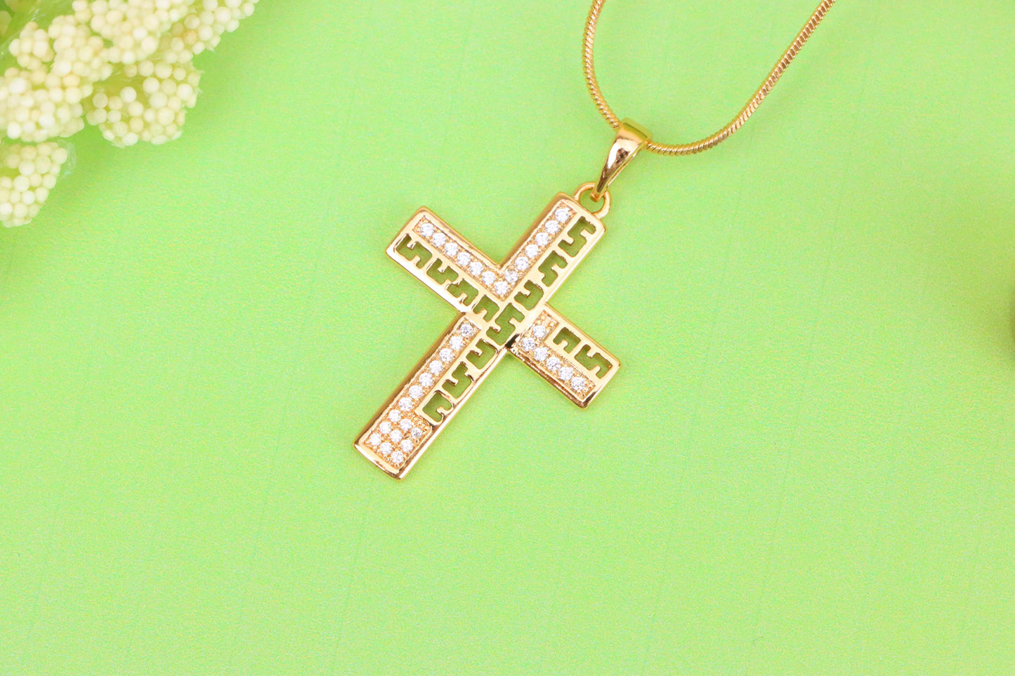 Rose Gold Cross Pendant with Greek Key Design and Sparkling Stones, XPPT1610 (2148-3)