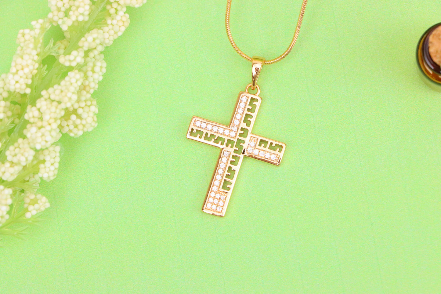 Rose Gold Cross Pendant with Greek Key Design and Sparkling Stones, XPPT1610 (2148-3)