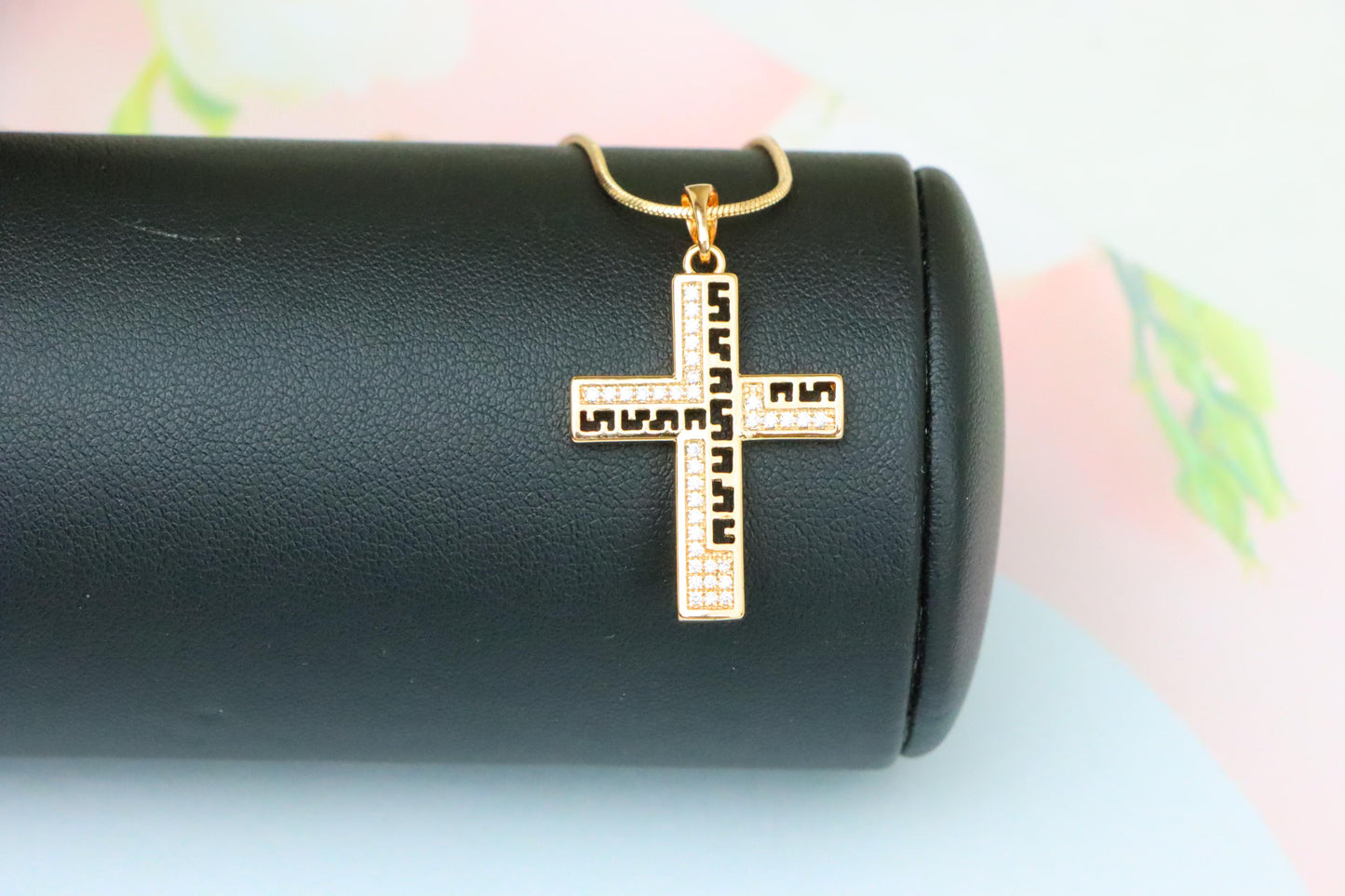 Rose Gold Cross Pendant with Greek Key Design and Sparkling Stones, XPPT1610 (2148-3)