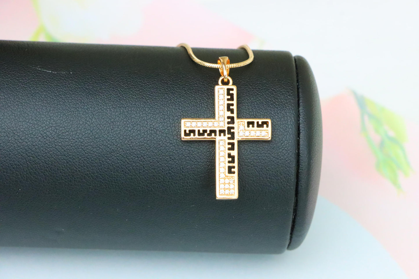 Rose Gold Cross Pendant with Greek Key Design and Sparkling Stones, XPPT1610 (2148-3)