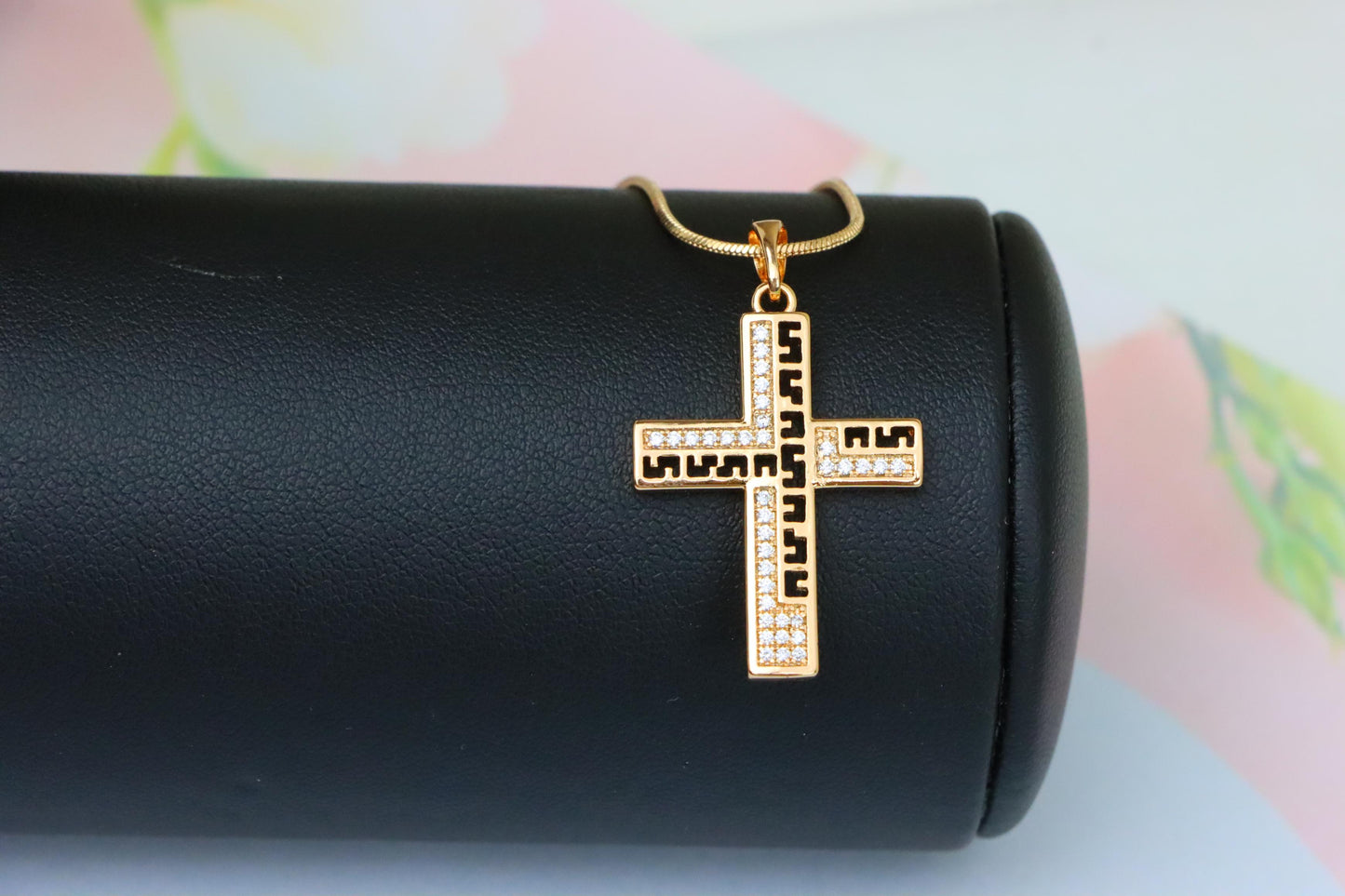 Rose Gold Cross Pendant with Greek Key Design and Sparkling Stones, XPPT1610 (2148-3)