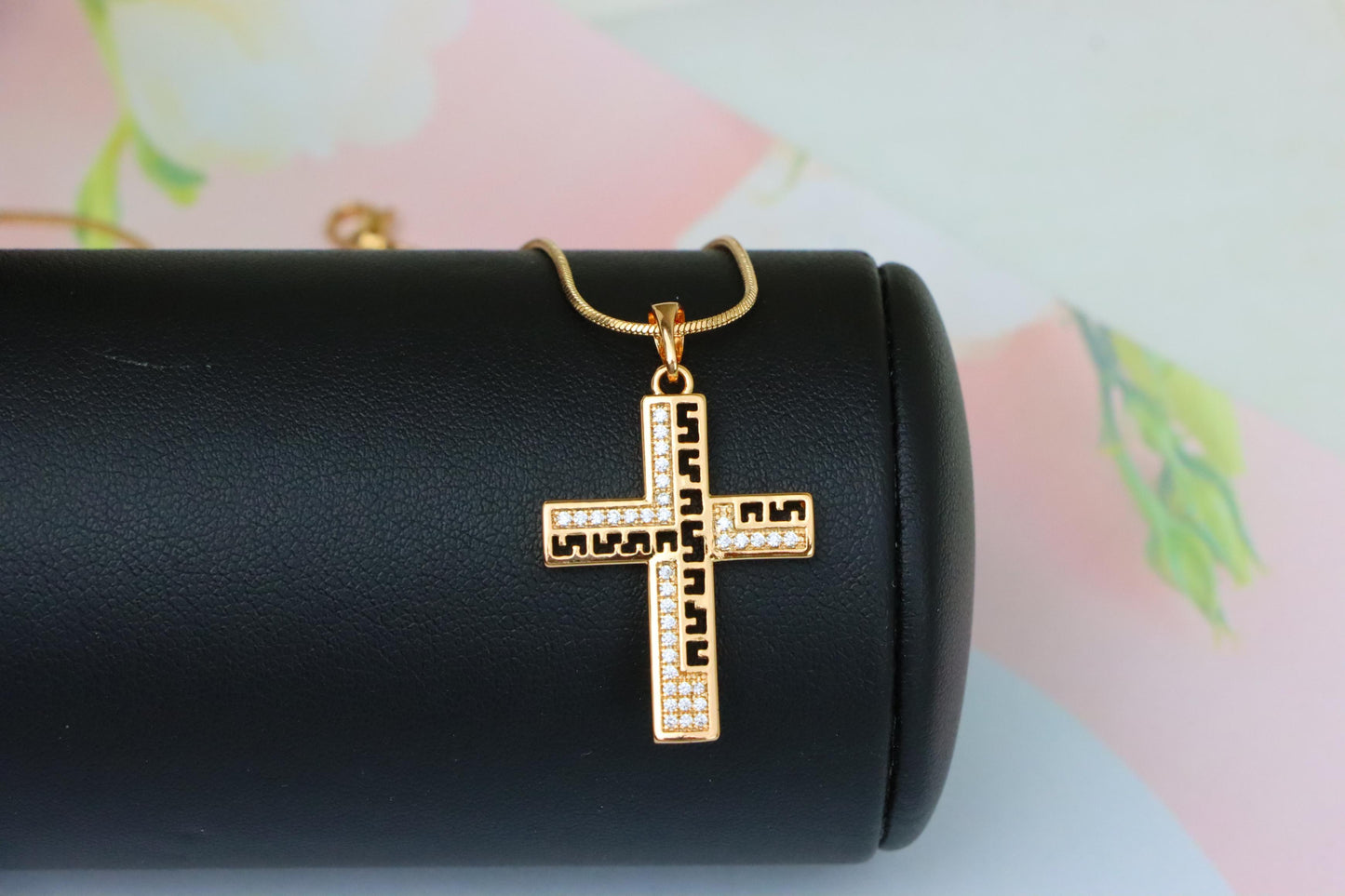 Rose Gold Cross Pendant with Greek Key Design and Sparkling Stones, XPPT1610 (2148-3)