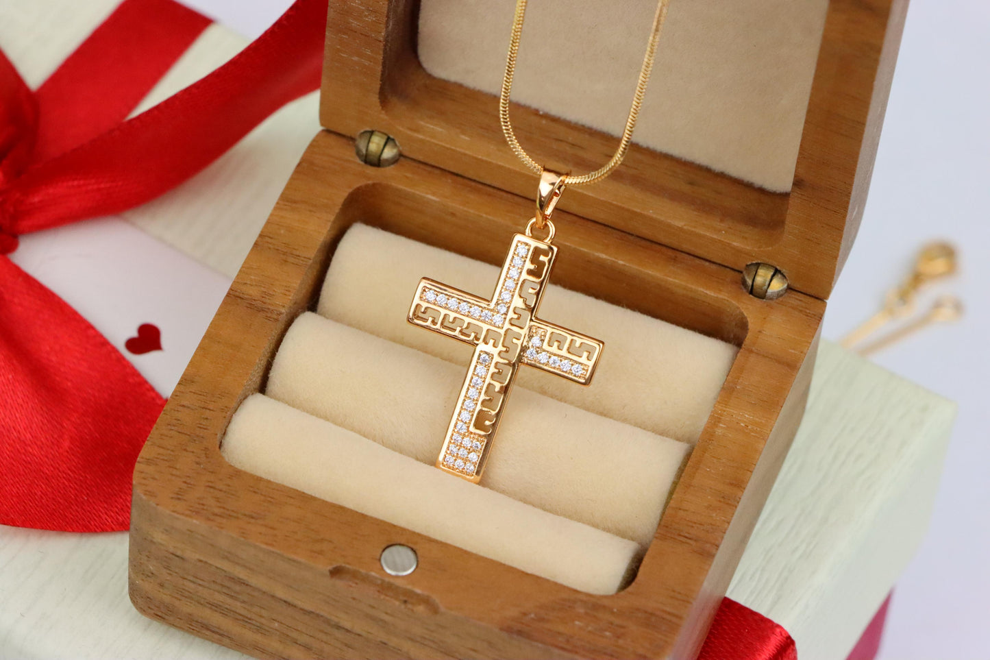 Rose Gold Cross Pendant with Greek Key Design and Sparkling Stones, XPPT1610 (2148-3)
