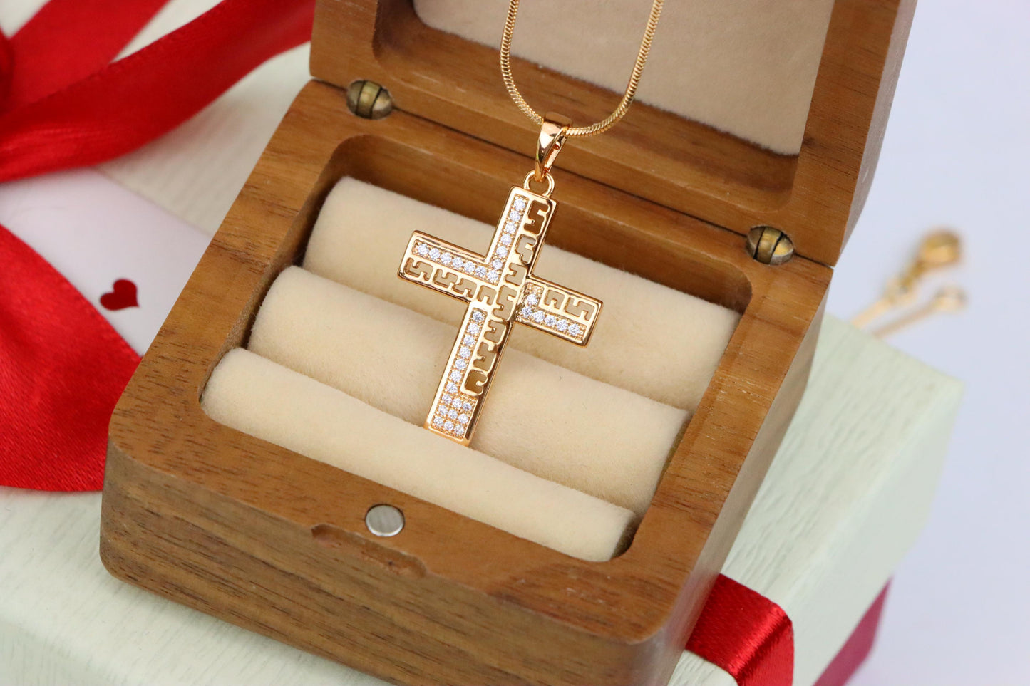Rose Gold Cross Pendant with Greek Key Design and Sparkling Stones, XPPT1610 (2148-3)