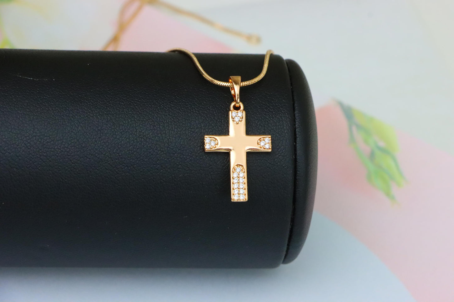 Rose Gold Cross Pendant with Crystal Accents on Polished Surface, XPPT1611 (2148-4)
