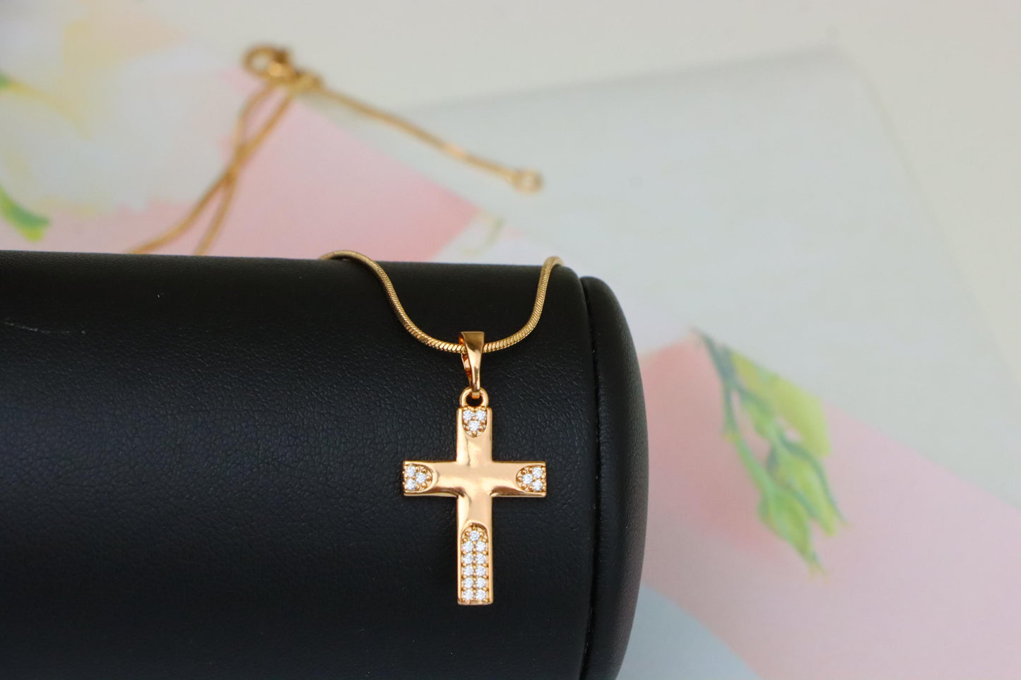 Rose Gold Cross Pendant with Crystal Accents on Polished Surface, XPPT1611 (2148-4)