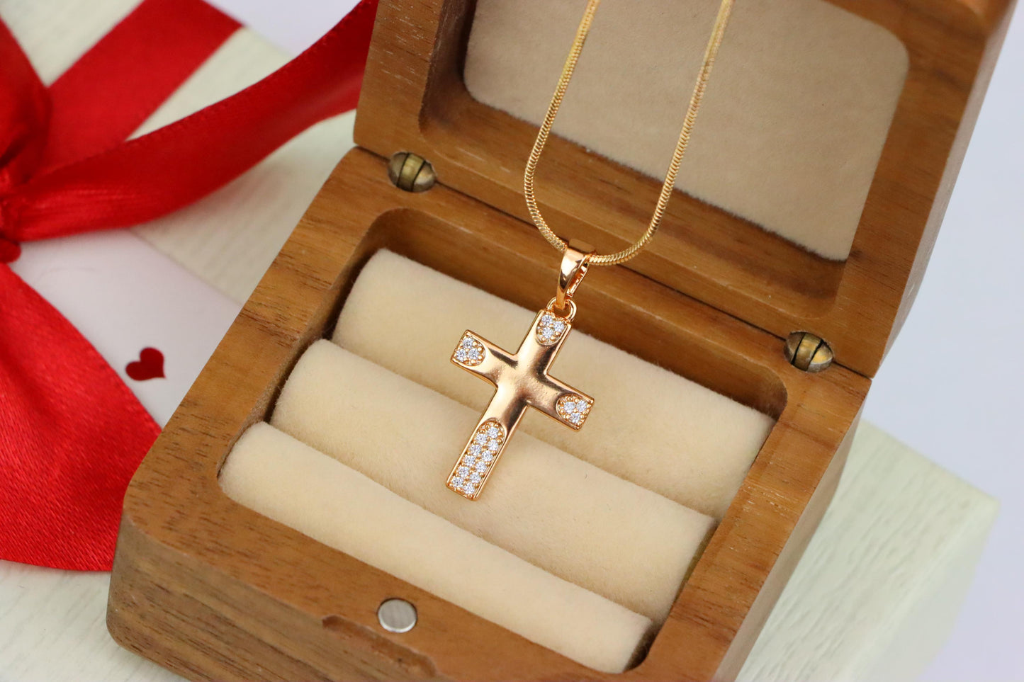 Rose Gold Cross Pendant with Crystal Accents on Polished Surface, XPPT1611 (2148-4)